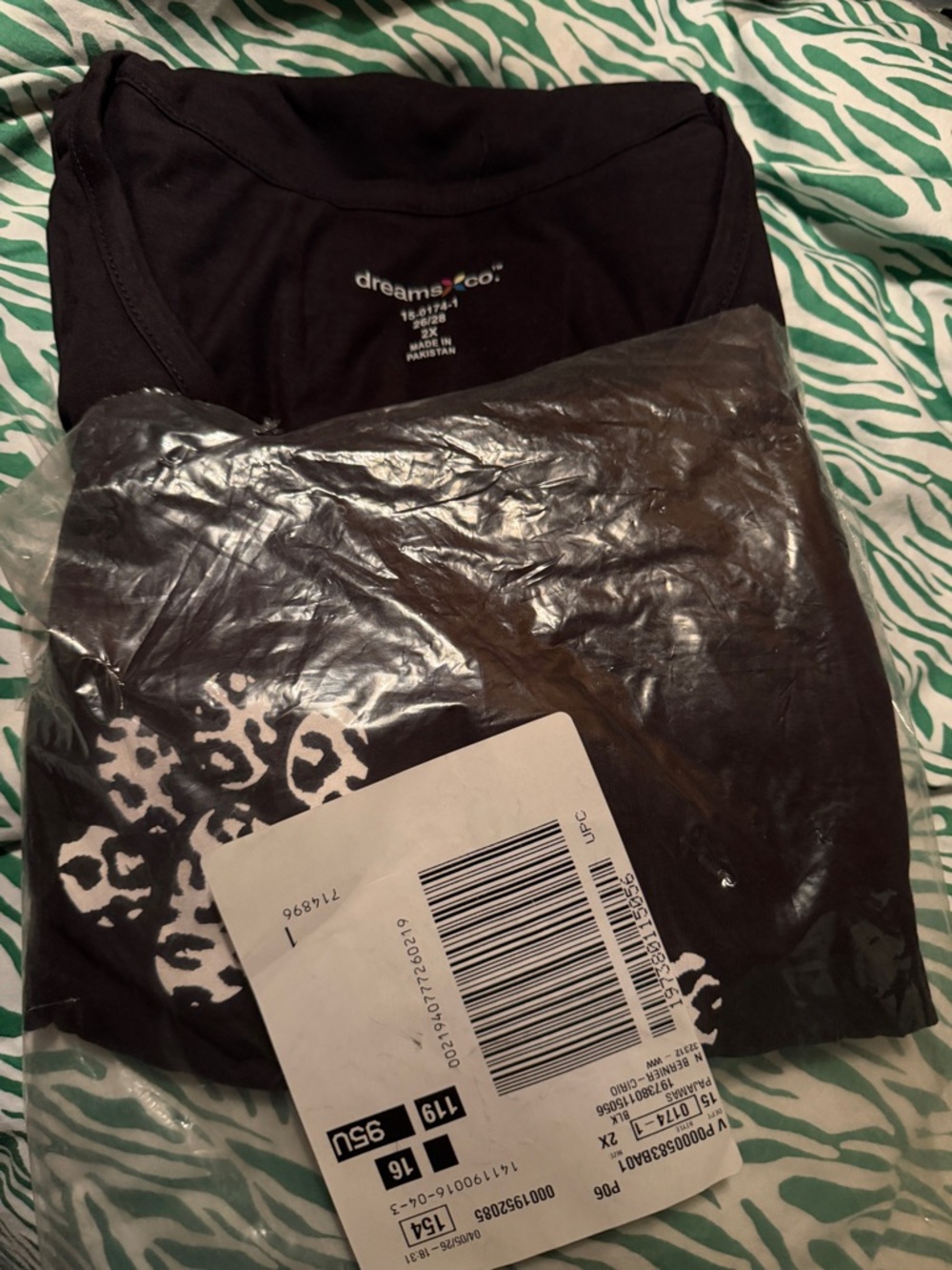 Dreams and co Black Pajama Top 2x with White Leopard Print top only cotton nwt - Picture 4 of 6